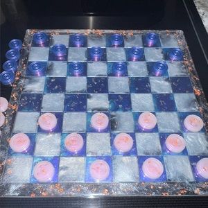 Resin Checkerboard Set Handmade white, color shifting blue, Clear & Gold Flakes